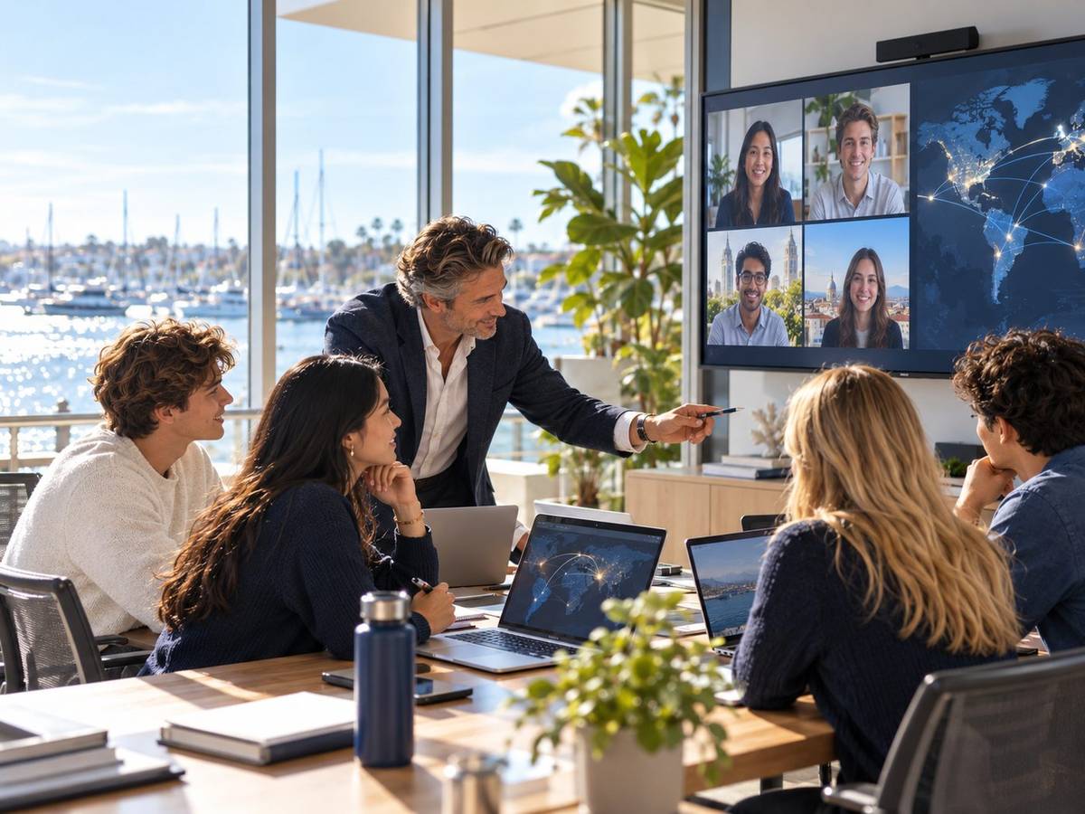 The Hive Agentic AI Lab — participants at computers with Newport Harbor view